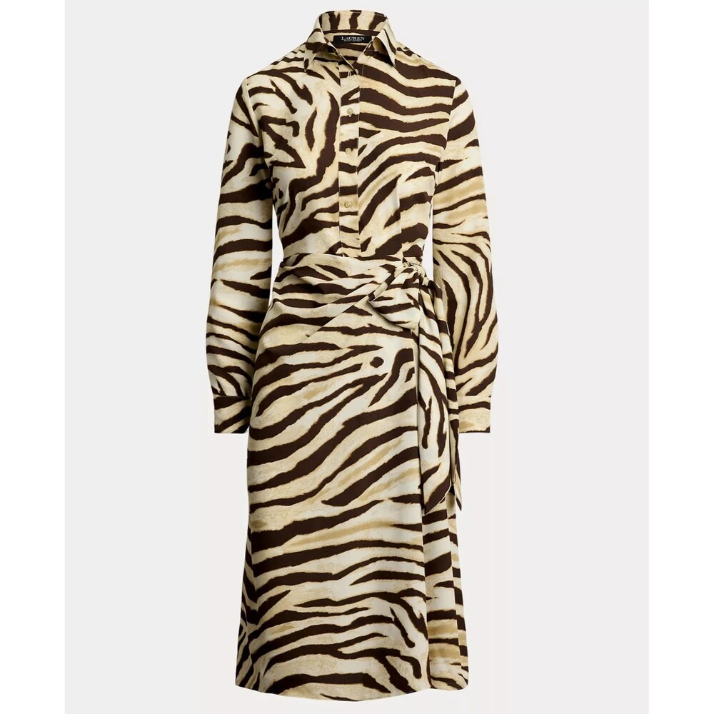 Lauren Ralph Lauren Women's Zebra-Print Tie-Front Crepe Shirtdress Cream Brown 2 - Picture 5 of 14